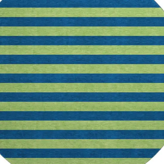 8' Navy Blue And Green Striped Washable Round Rug With UV Protection Photo 3