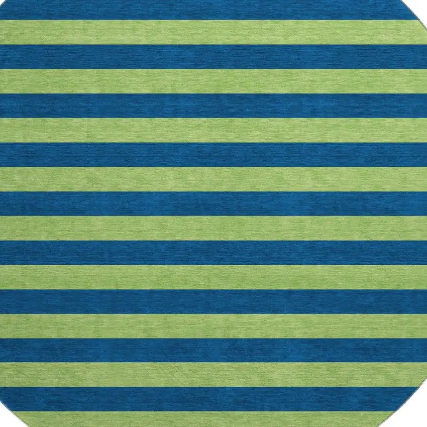8' Navy Blue And Green Striped Washable Round Rug With UV Protection Photo 3