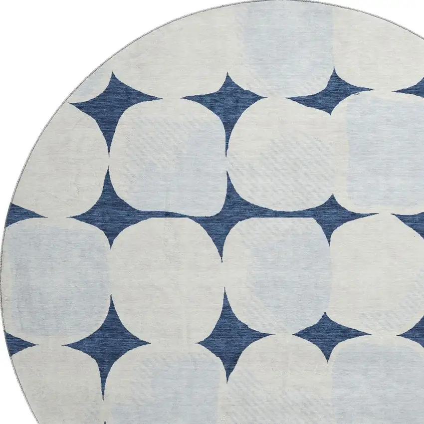 8' Navy Blue And Ivory Abstract Geometric Washable Round Rug With UV Protection Photo 3
