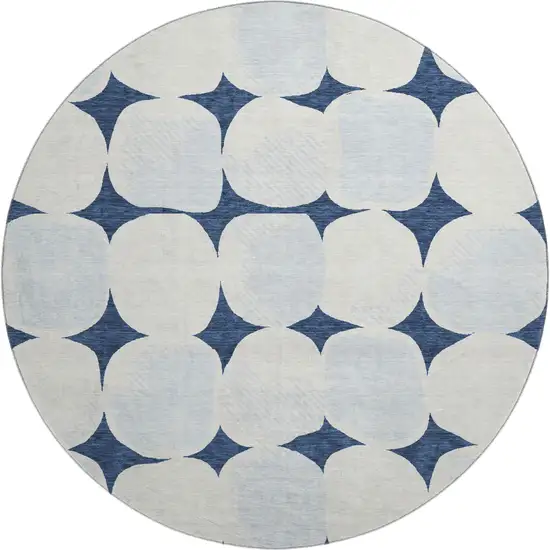 8' Navy Blue And Ivory Abstract Geometric Washable Round Rug With UV Protection Photo 1