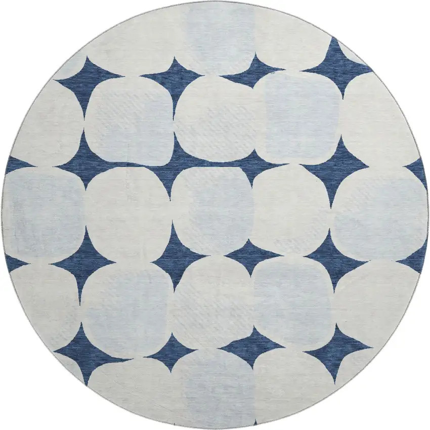 8' Navy Blue And Ivory Abstract Geometric Washable Round Rug With UV Protection Photo 1