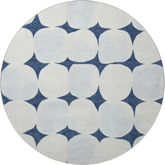8' Navy Blue And Ivory Abstract Geometric Washable Round Rug With UV Protection Photo 4