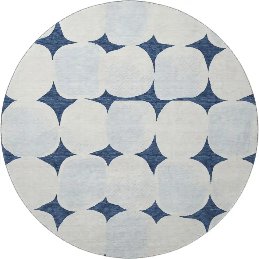 8' Navy Blue And Ivory Abstract Geometric Washable Round Rug With UV Protection Photo 4