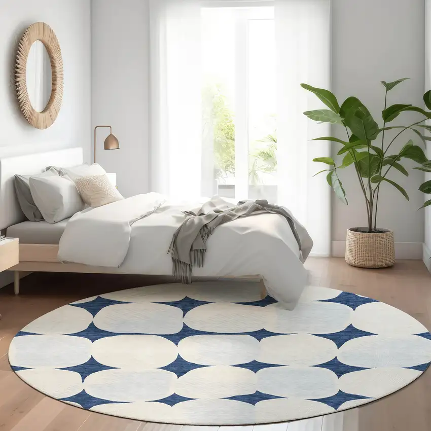 8' Navy Blue And Ivory Abstract Geometric Washable Round Rug With UV Protection Photo 5