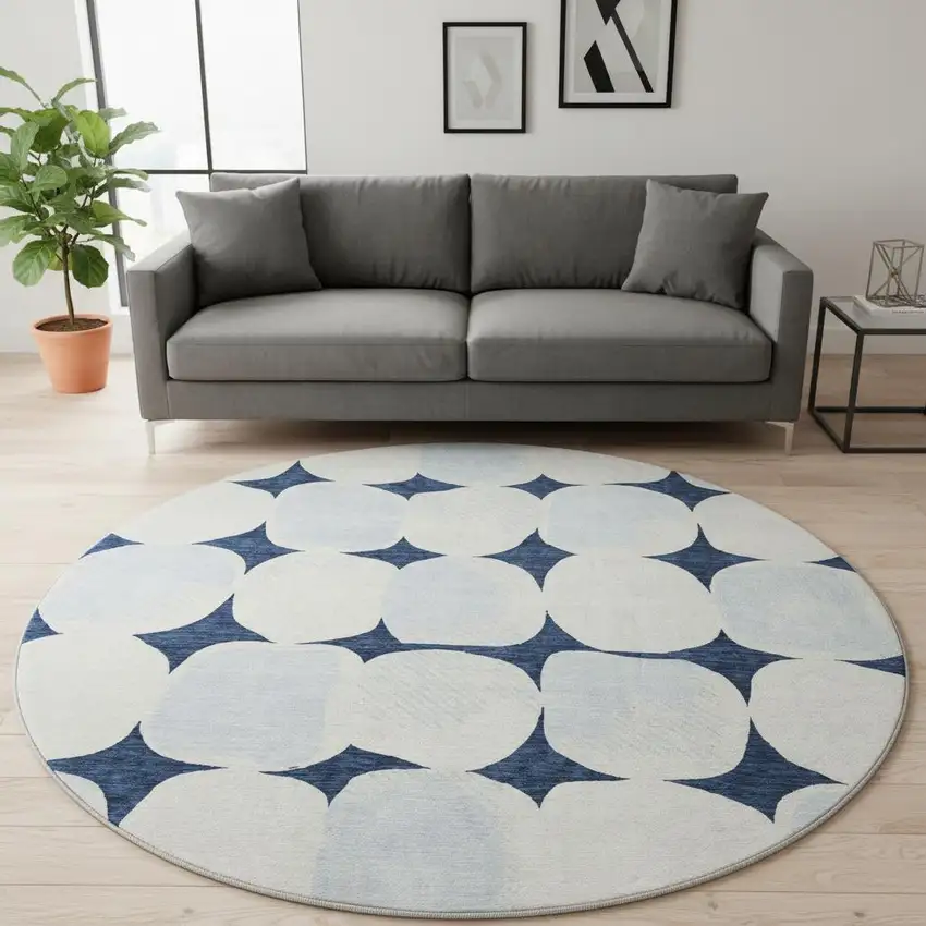 8' Navy Blue And Ivory Abstract Geometric Washable Round Rug With UV Protection Photo 2