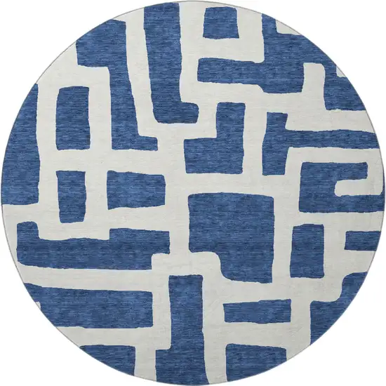 8' Navy Blue And Ivory Abstract Geometric Washable Round Rug With UV Protection Photo 3