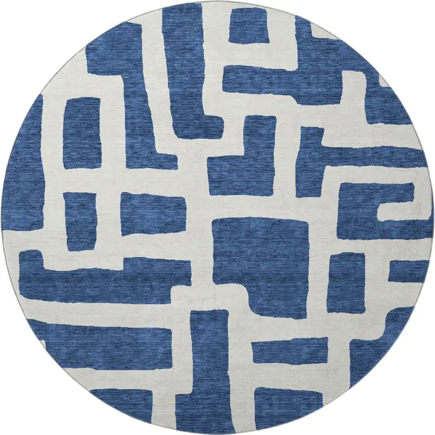 8' Navy Blue And Ivory Abstract Geometric Washable Round Rug With UV Protection Photo 3