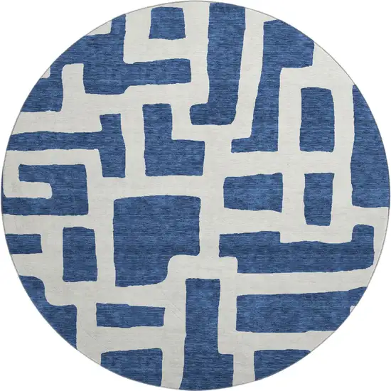 8' Navy Blue And Ivory Abstract Geometric Washable Round Rug With UV Protection Photo 1