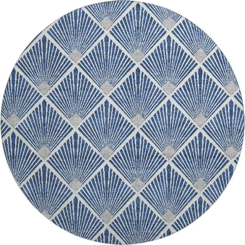 8' Navy Blue And Ivory Abstract Geometric Washable Round Rug With UV Protection Photo 1