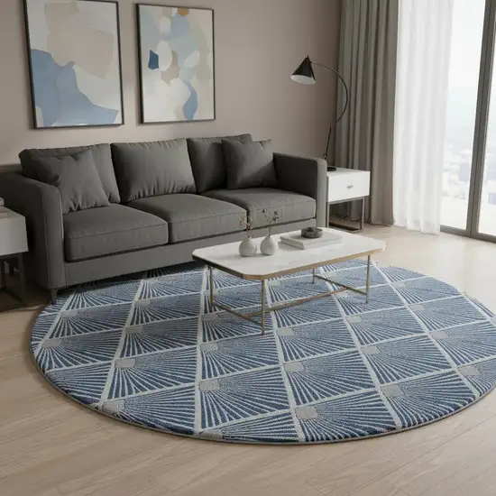 8' Navy Blue And Ivory Abstract Geometric Washable Round Rug With UV Protection Photo 2
