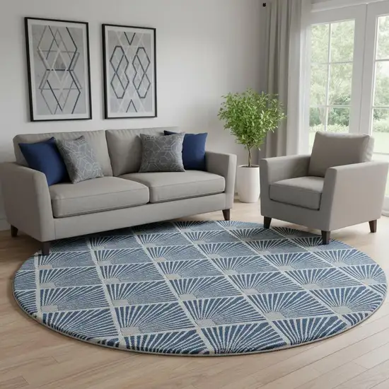8' Navy Blue And Ivory Abstract Geometric Washable Round Rug With UV Protection Photo 1