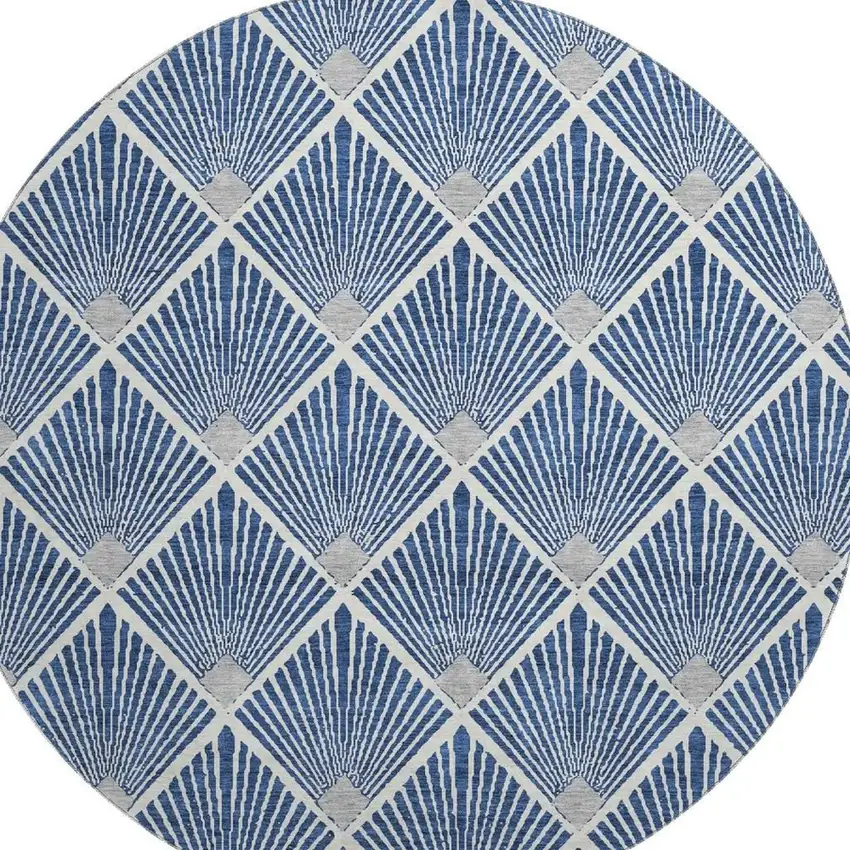 8' Navy Blue And Ivory Abstract Geometric Washable Round Rug With UV Protection Photo 3