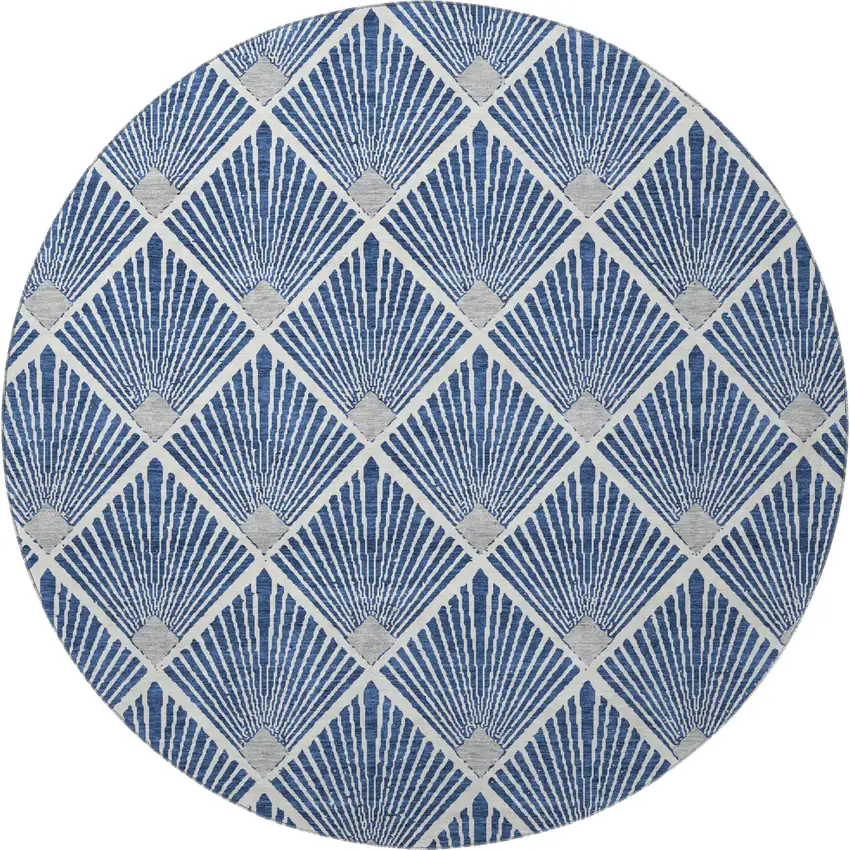 8' Navy Blue And Ivory Abstract Geometric Washable Round Rug With UV Protection Photo 4