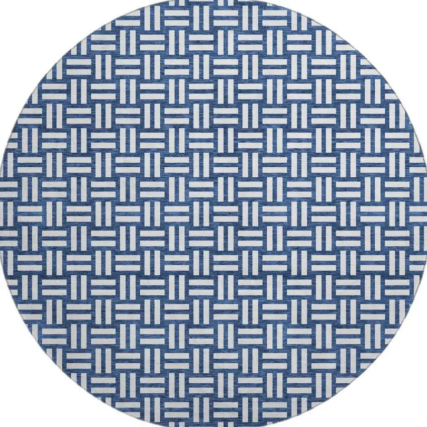 8' Navy Blue And Ivory Abstract Geometric Washable Round Rug With UV Protection Photo 3