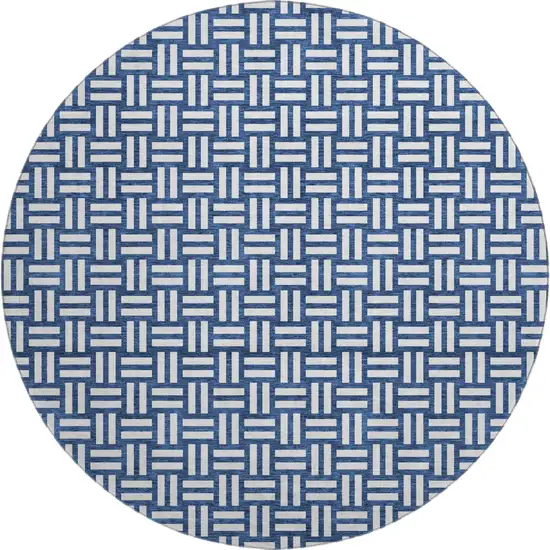 8' Navy Blue And Ivory Abstract Geometric Washable Round Rug With UV Protection Photo 1