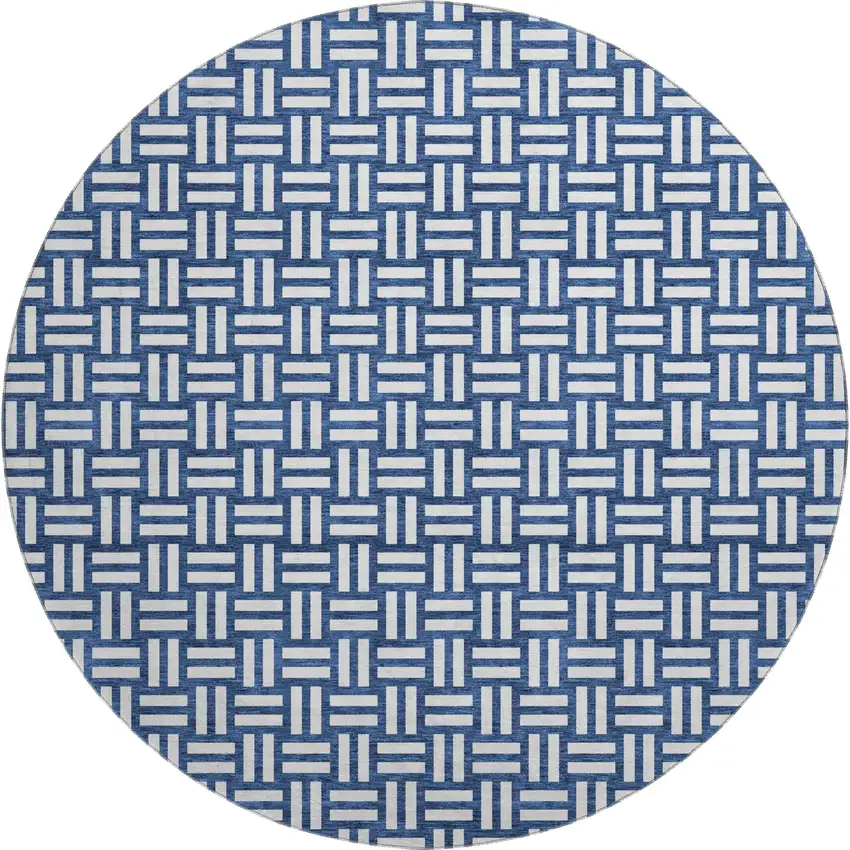 8' Navy Blue And Ivory Abstract Geometric Washable Round Rug With UV Protection Photo 1