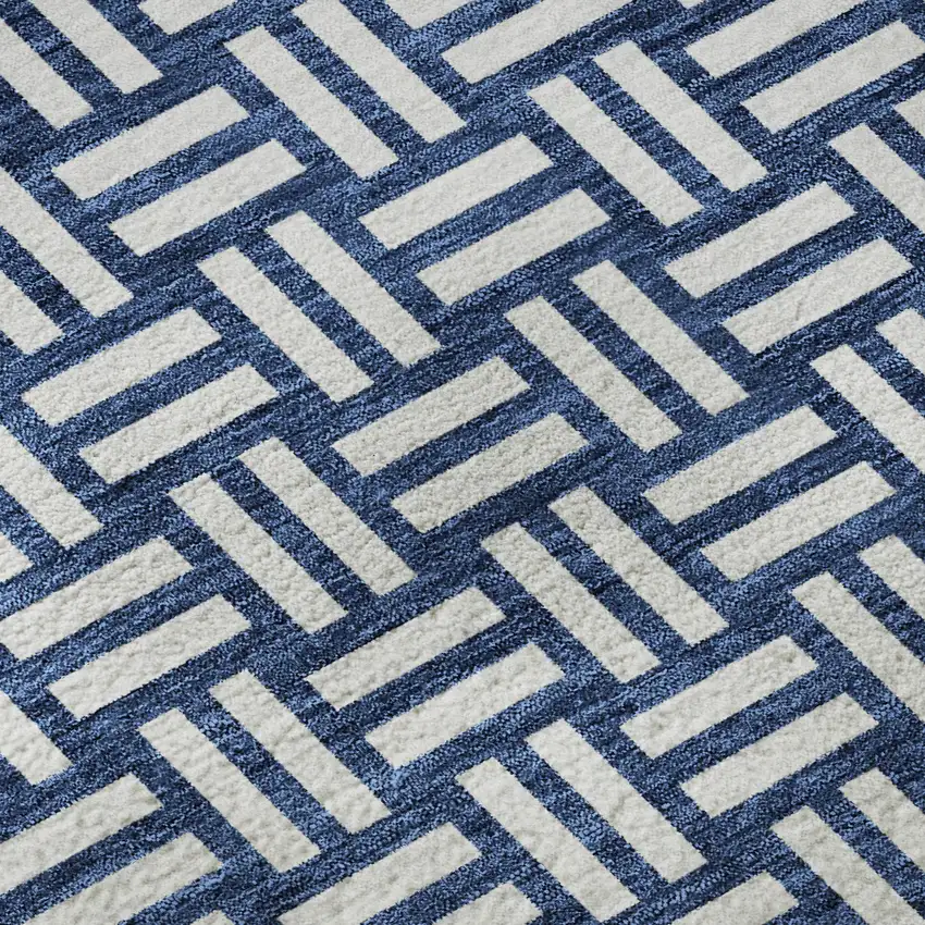 8' Navy Blue And Ivory Abstract Geometric Washable Round Rug With UV Protection Photo 8