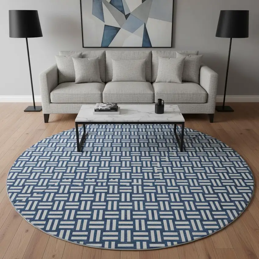 8' Navy Blue And Ivory Abstract Geometric Washable Round Rug With UV Protection Photo 2