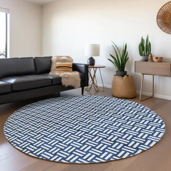 8' Navy Blue And Ivory Abstract Geometric Washable Round Rug With UV Protection Photo 4