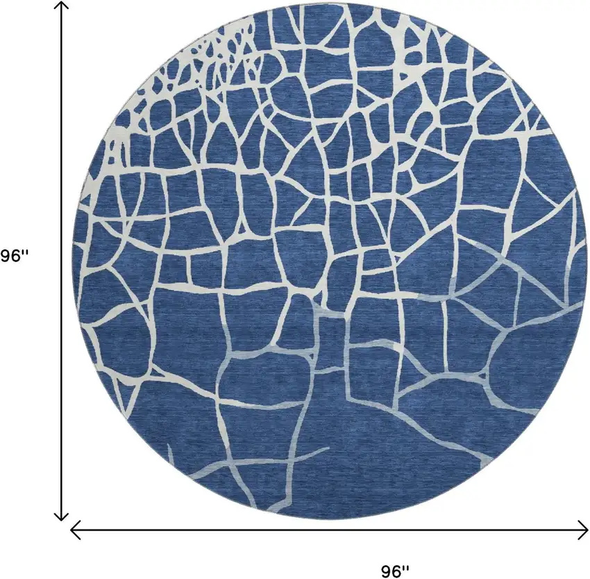 8' Navy Blue And Ivory Abstract Geometric Washable Round Rug With UV Protection Photo 9