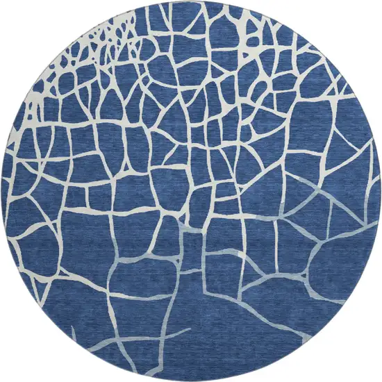 8' Navy Blue And Ivory Abstract Geometric Washable Round Rug With UV Protection Photo 1