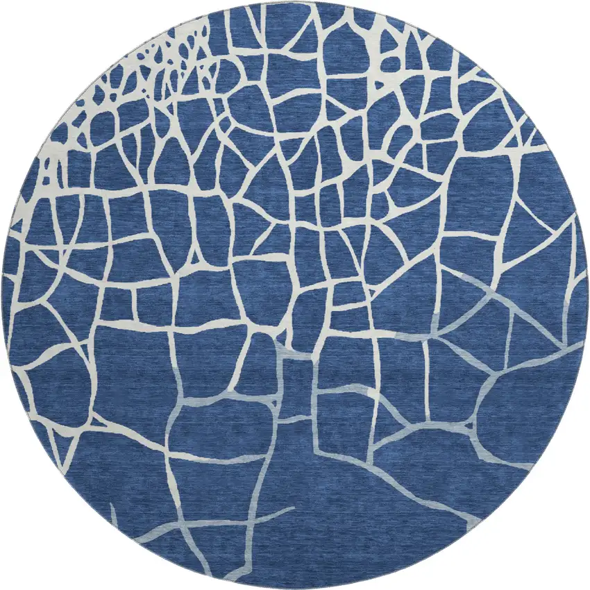 8' Navy Blue And Ivory Abstract Geometric Washable Round Rug With UV Protection Photo 1