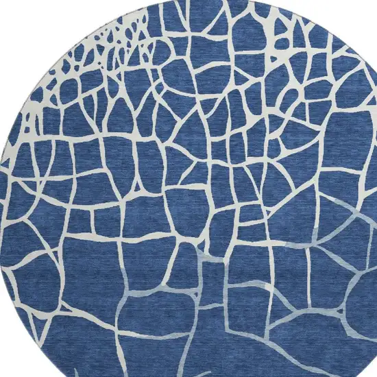 8' Navy Blue And Ivory Abstract Geometric Washable Round Rug With UV Protection Photo 3