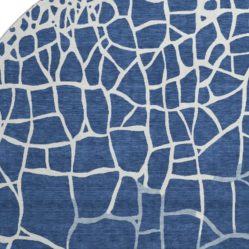 8' Navy Blue And Ivory Abstract Geometric Washable Round Rug With UV Protection Photo 2
