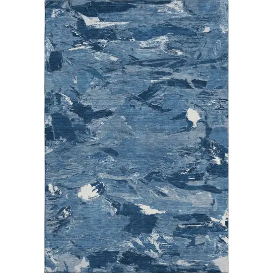 8' Navy Blue And Ivory Abstract Washable Area Rug With UV Protection Photo 1