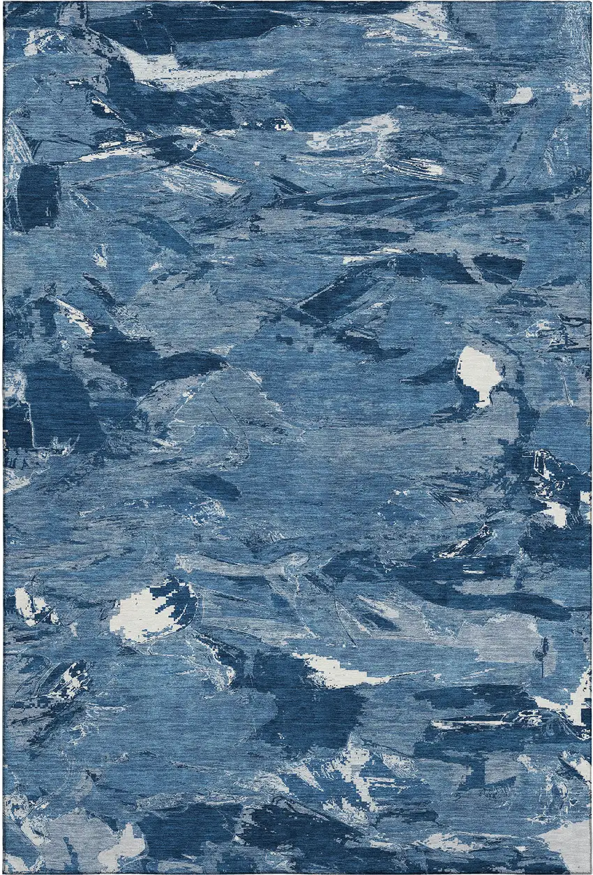 8' Navy Blue And Ivory Abstract Washable Area Rug With UV Protection Photo 1