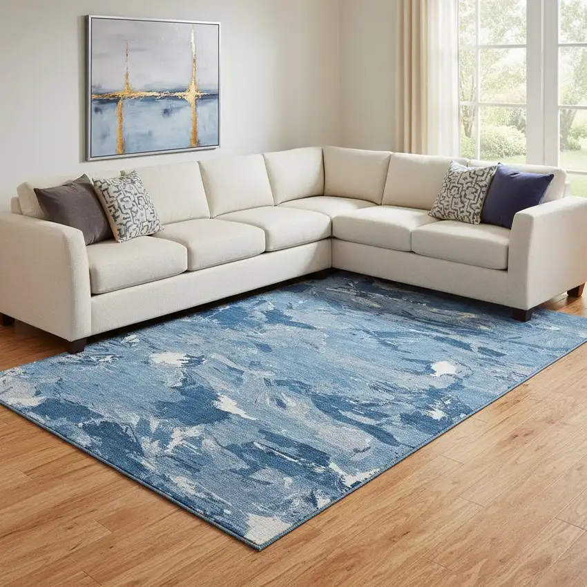 8' Navy Blue And Ivory Abstract Washable Area Rug With UV Protection Photo 2