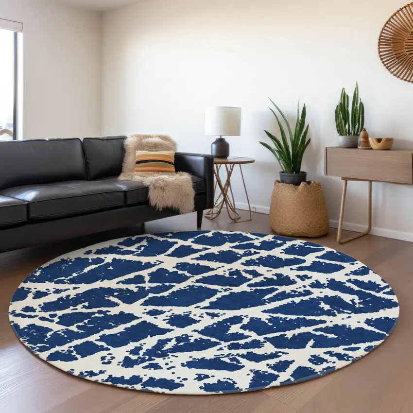 8' Navy Blue And Ivory Abstract Washable Round Rug With UV Protection Photo 5