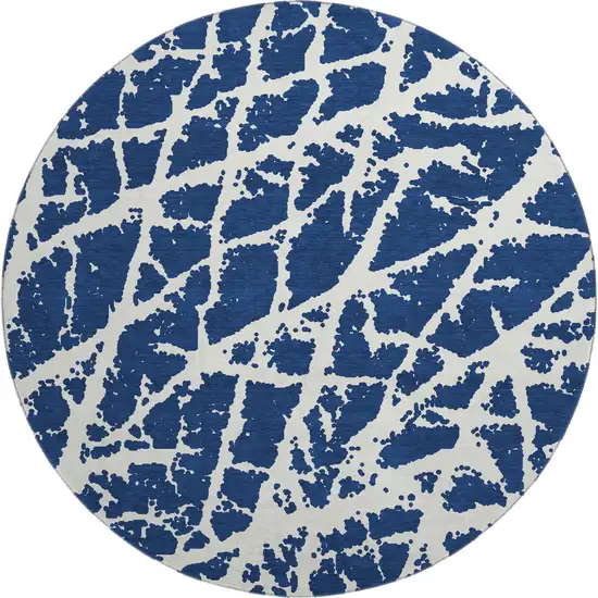 8' Navy Blue And Ivory Abstract Washable Round Rug With UV Protection Photo 1