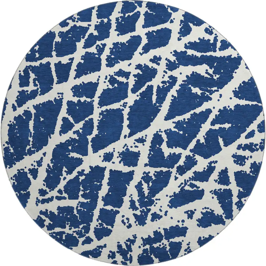 8' Navy Blue And Ivory Abstract Washable Round Rug With UV Protection Photo 1