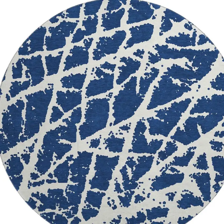 8' Navy Blue And Ivory Abstract Washable Round Rug With UV Protection Photo 4