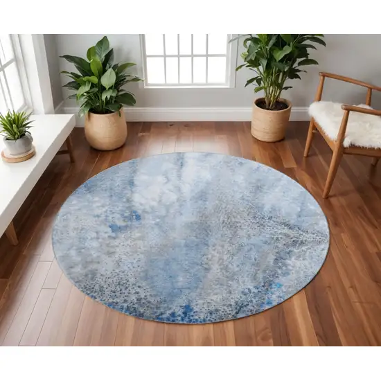 8' Navy Blue And Ivory Abstract Washable Round Rug With UV Protection Photo 2