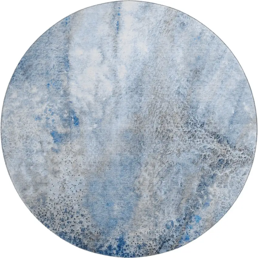8' Navy Blue And Ivory Abstract Washable Round Rug With UV Protection Photo 1