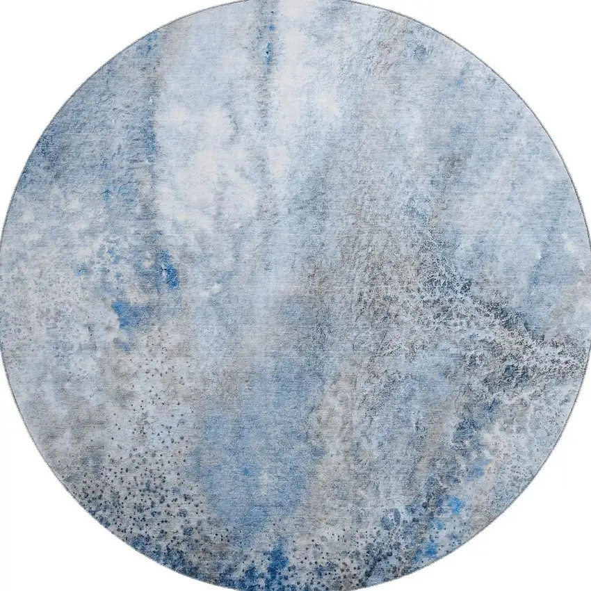 8' Navy Blue And Ivory Abstract Washable Round Rug With UV Protection Photo 3