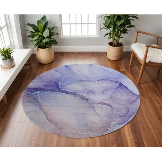 8' Navy Blue And Ivory Abstract Washable Round Rug With UV Protection Photo 2