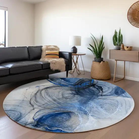 8' Navy Blue And Ivory Abstract Washable Round Rug With UV Protection Photo 5