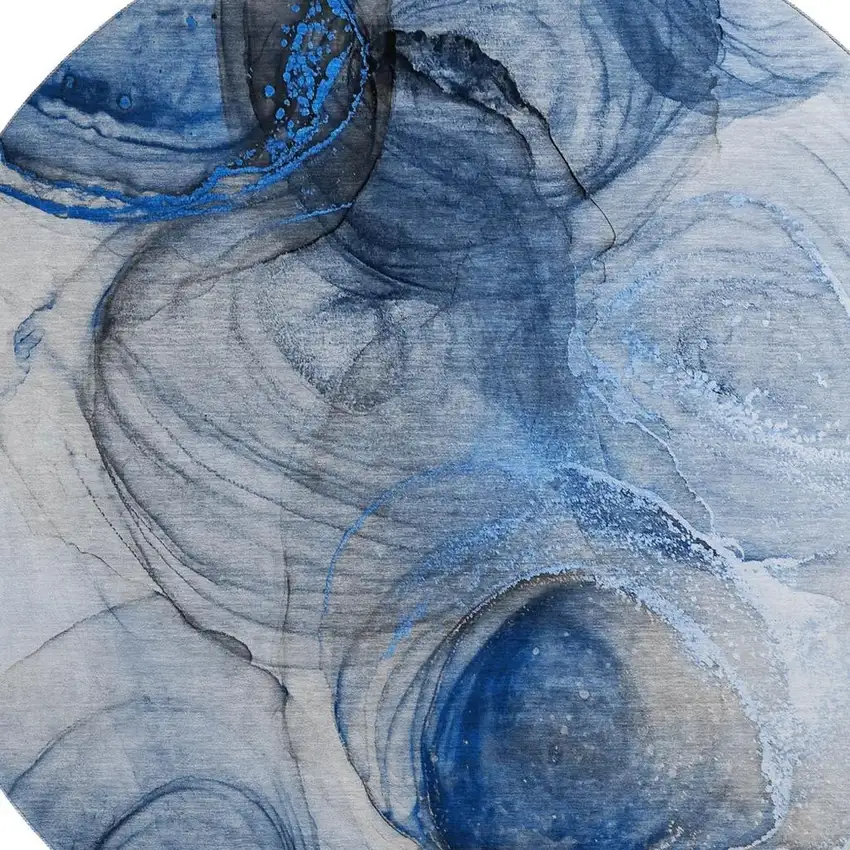 8' Navy Blue And Ivory Abstract Washable Round Rug With UV Protection Photo 3