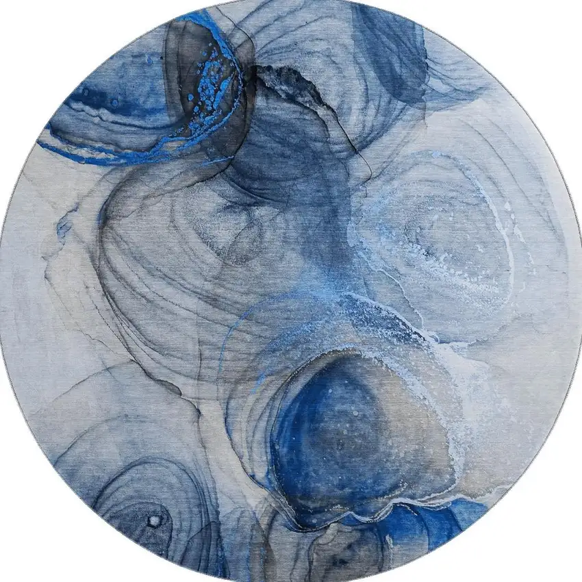 8' Navy Blue And Ivory Abstract Washable Round Rug With UV Protection Photo 4