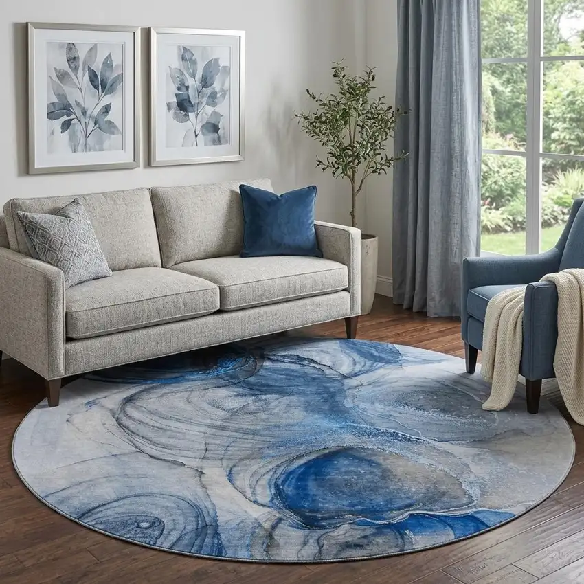 8' Navy Blue And Ivory Abstract Washable Round Rug With UV Protection Photo 1