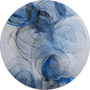 Photo of 8' Navy Blue And Ivory Abstract Washable Round Rug With UV Protection