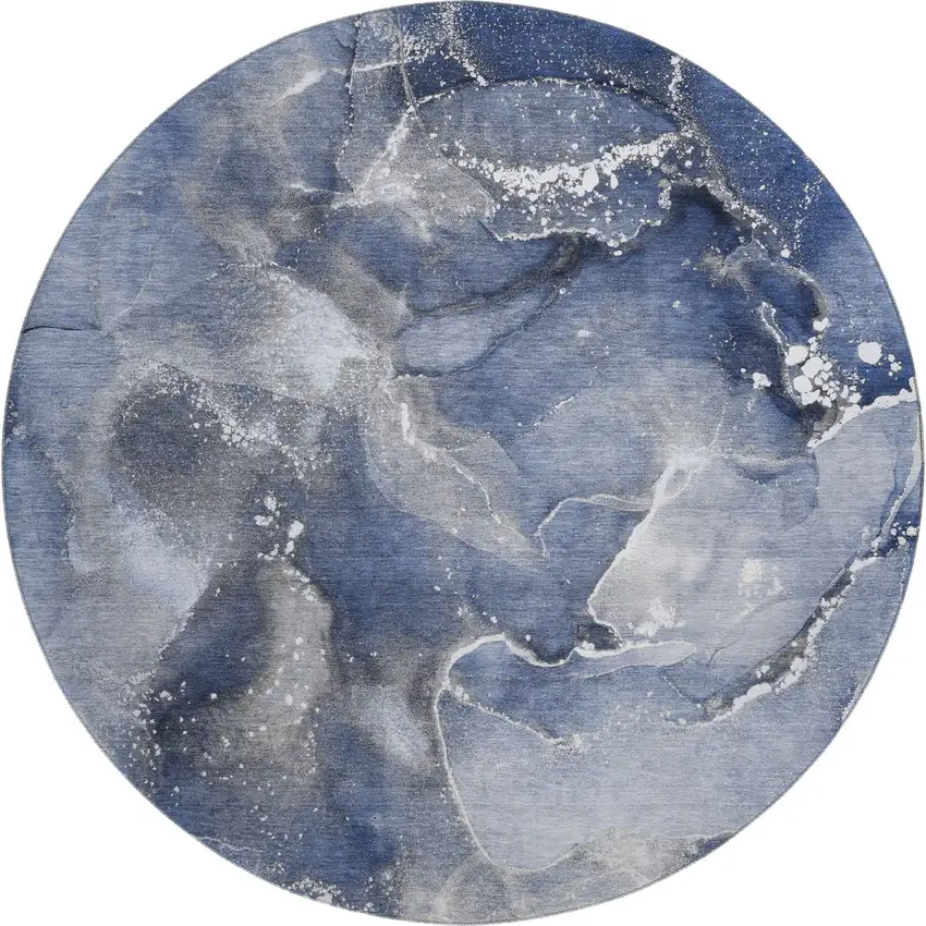 8' Navy Blue And Ivory Abstract Washable Round Rug With UV Protection Photo 1