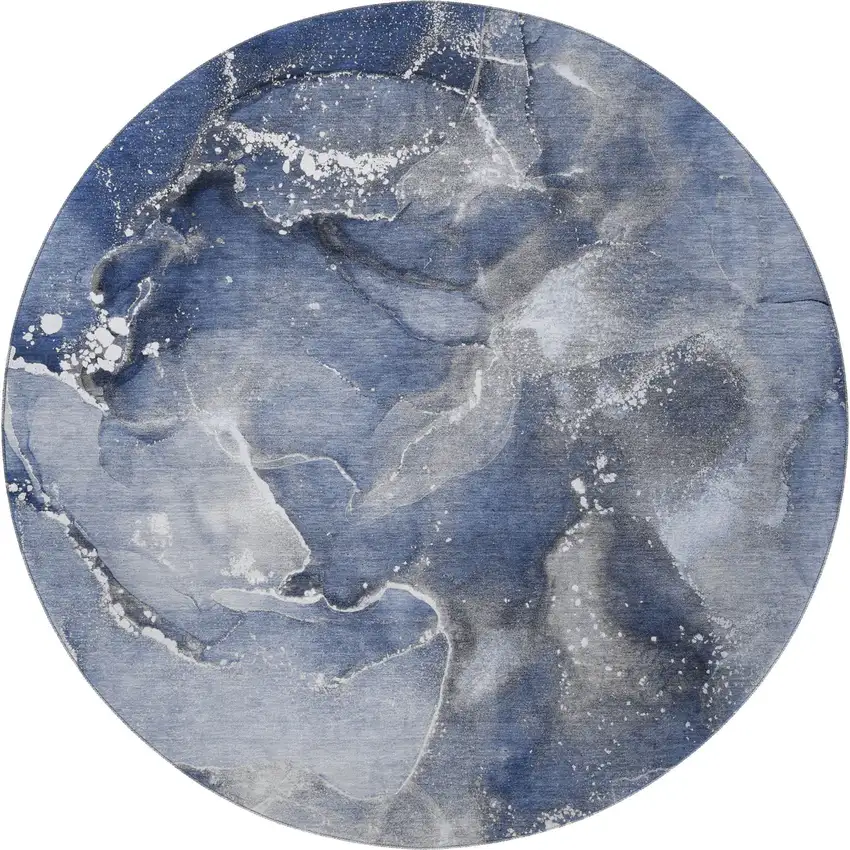 8' Navy Blue And Ivory Abstract Washable Round Rug With UV Protection Photo 4