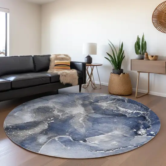 8' Navy Blue And Ivory Abstract Washable Round Rug With UV Protection Photo 5