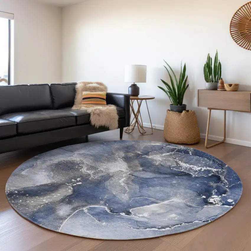 8' Navy Blue And Ivory Abstract Washable Round Rug With UV Protection Photo 5