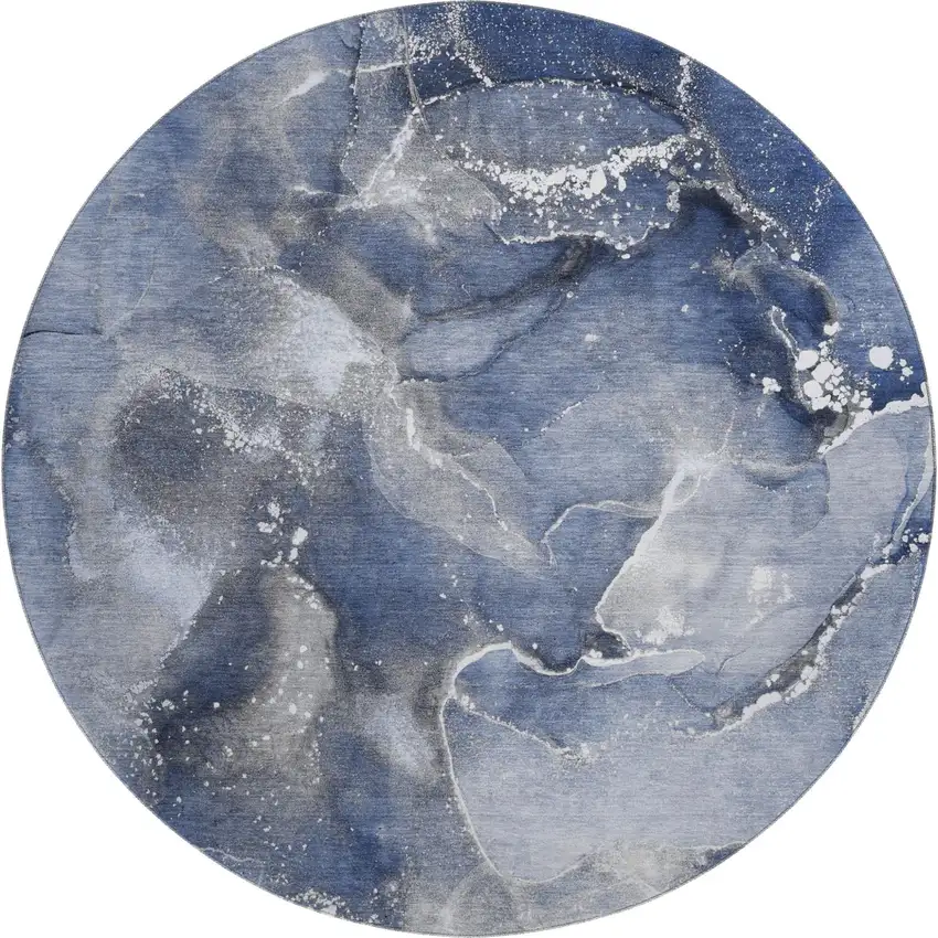 8' Navy Blue And Ivory Abstract Washable Round Rug With UV Protection Photo 2