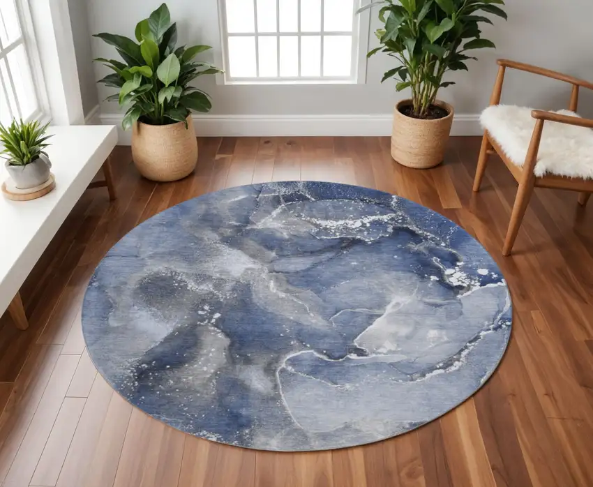 8' Navy Blue And Ivory Abstract Washable Round Rug With UV Protection Photo 2